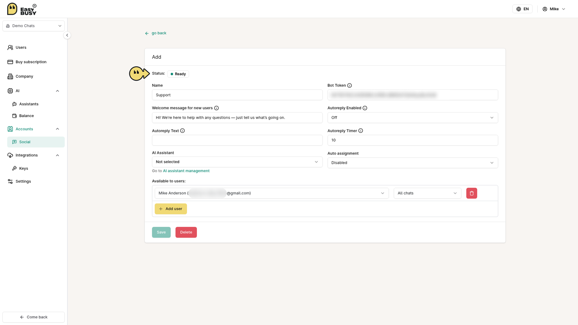 Telegram Bot Integration – EasyBusy