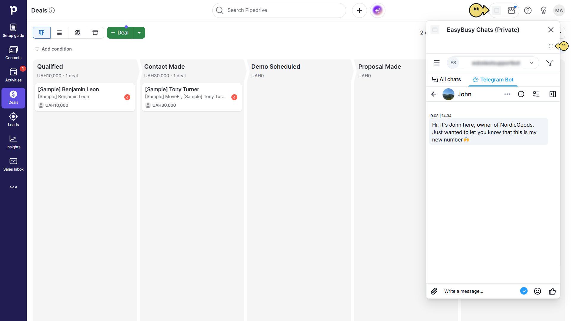 Підключення у Pipedrive – EasyBusy Chats