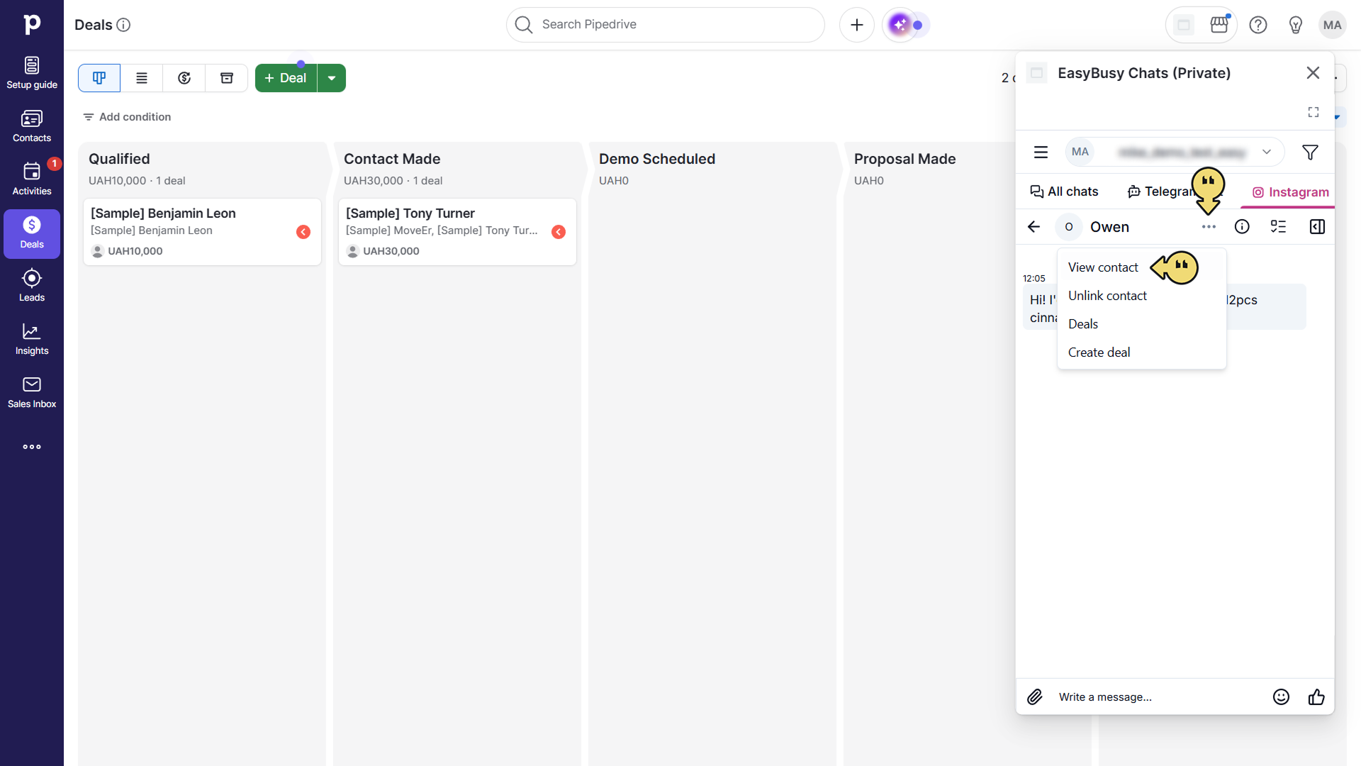 Підключення у Pipedrive – EasyBusy Chats