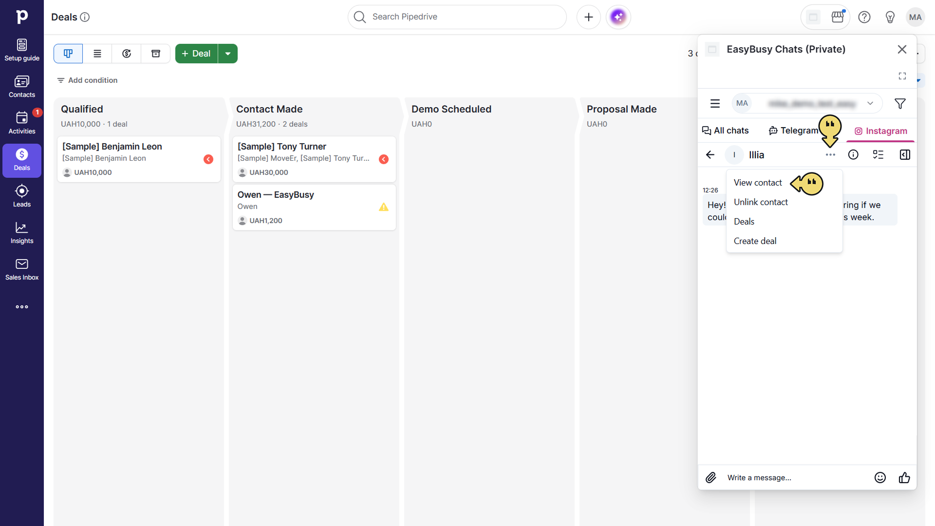 Підключення у Pipedrive – EasyBusy Chats