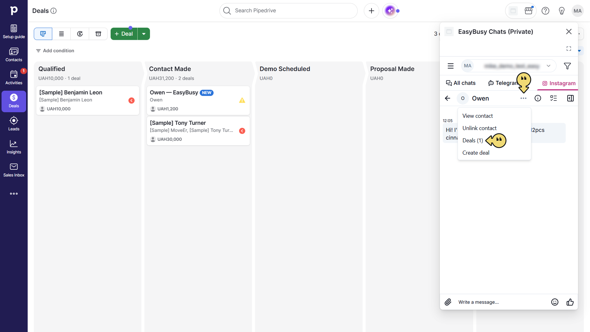 Підключення у Pipedrive – EasyBusy Chats